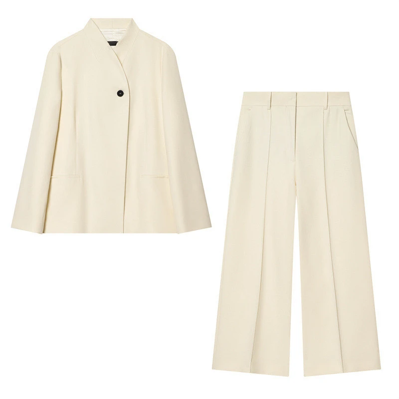 Maxdutti Minimalist Women's Long Sleeved Stand Up Collar Double Breasted Suit Jacket With Cropped Pants Woman Clothes Pant Sets