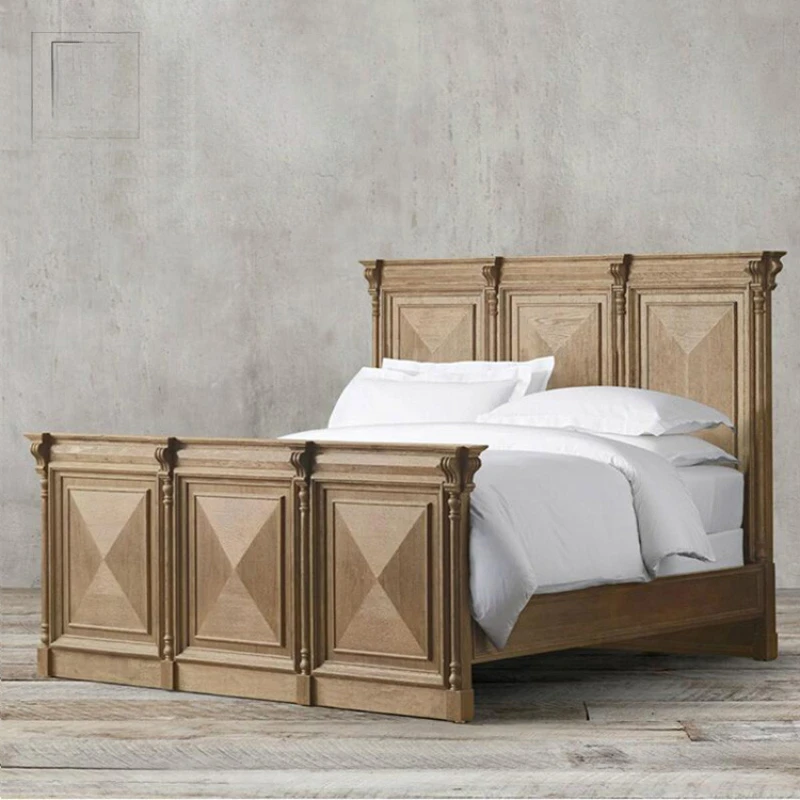 Cama de madera maciza personalizada, cama doble de 1,8 m, matrimonio, dormitorio antiguo vintage francés, muebles de roble, 1,5 m