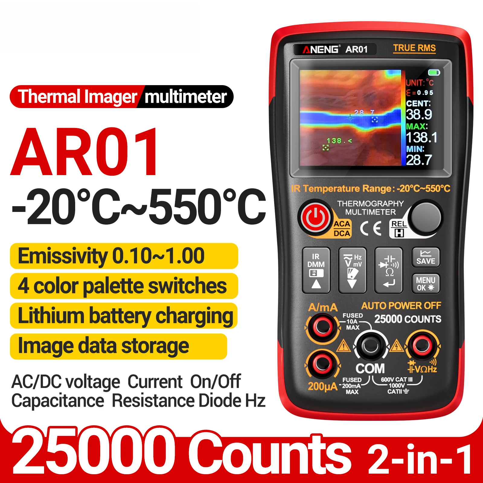 

AR01 умный тепловизор-мультиметр, 25000 отсчетов, 2-в-1, тестер напряжения переменного/постоянного тока, 250 м Ом, Multimetro TFT-тестер, инструмент