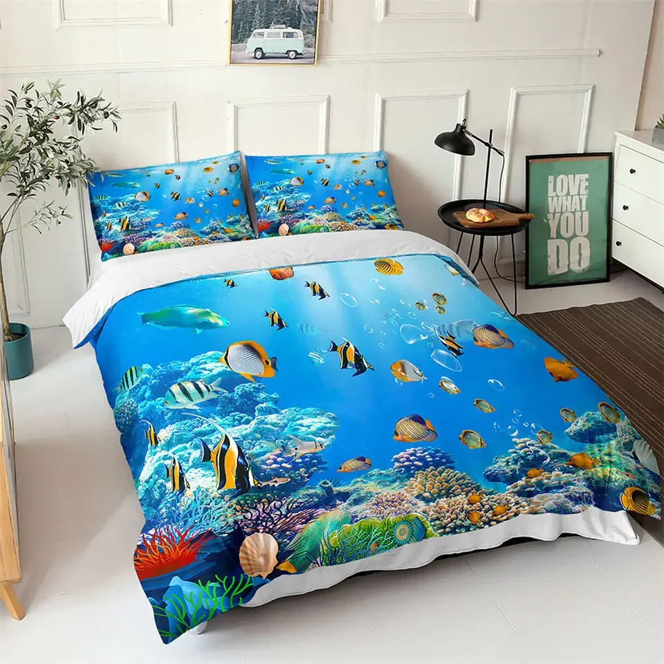 Ocean Duvet Cover Set Blue Sea Fish 3D Printed Kids Bedding Set Queen King Nordic Ocean Landscape Soft Polyester Comforter Cover