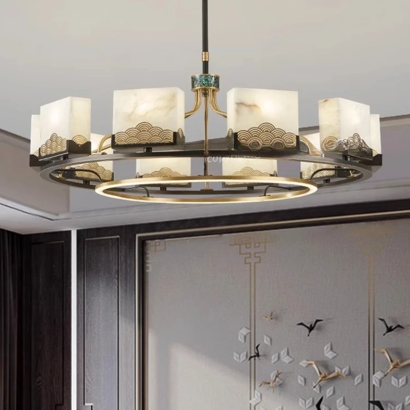 

Chinese style modern living room chandelier, new Chinese style all copper dining room double-layer villa zen marble lamp