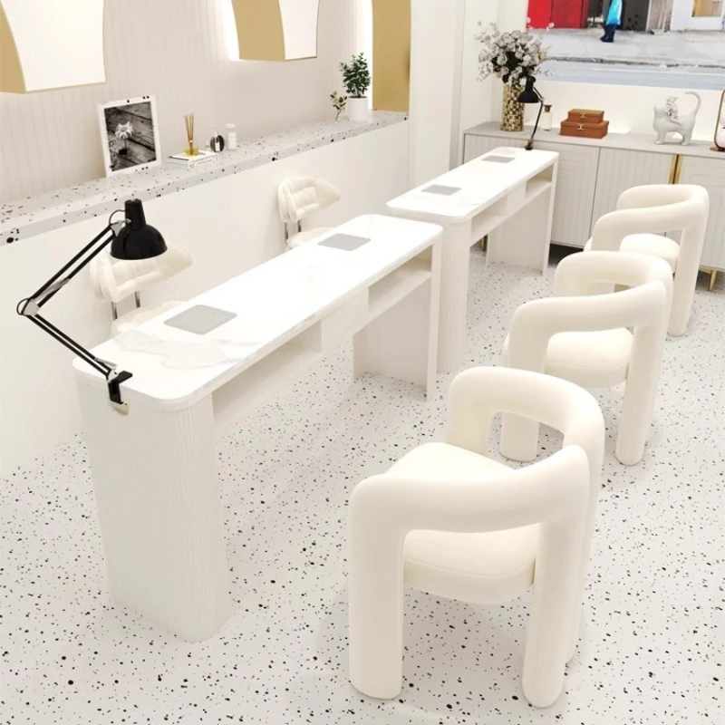 

Cream style manicure table and chair set with vacuum cleaner socket manicure table Internet celebrity marble manicure table