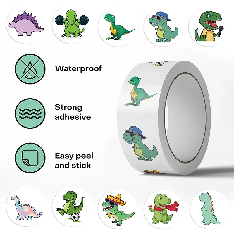 

500 шт. круглых наклеек с динозаврами в рулонах, милые водонепроницаемые виниловые эстетичные стикеры для офиса, поощрения в классе, с животными мотивами