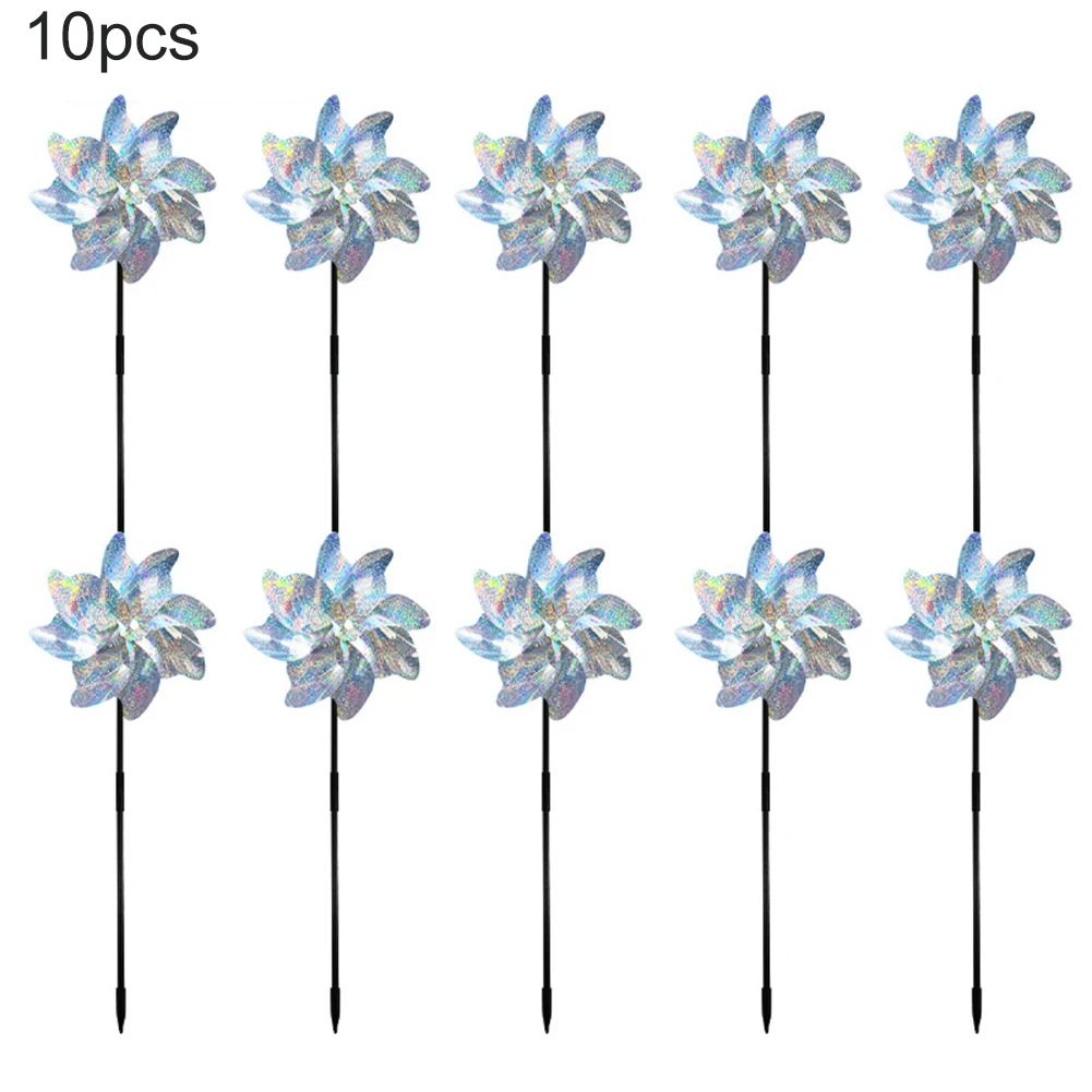 Set of 10 reflective shiny windmills for gardens and farms designed to deter birds and enhance outdoor spaces with movement