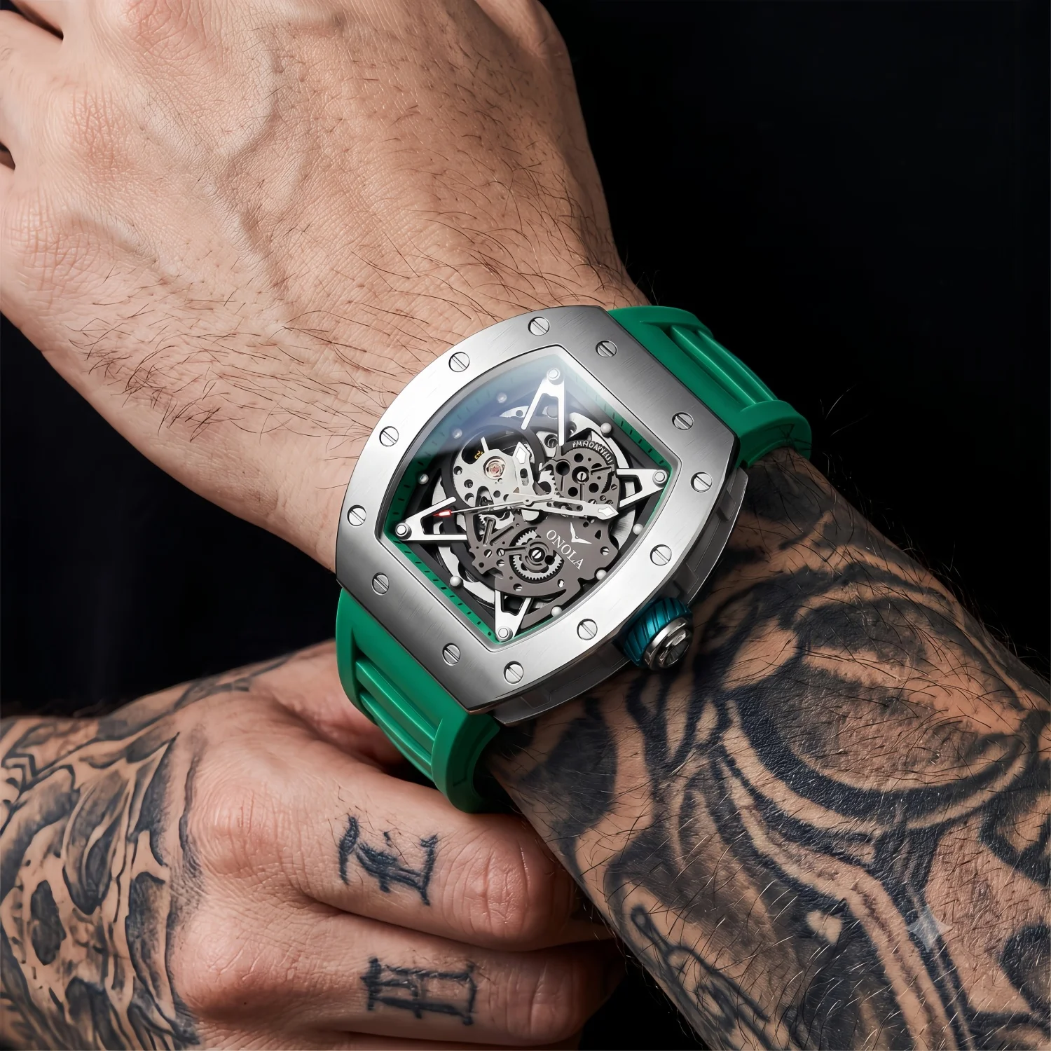 ONOLA Men's Mechanical Watch Alloy Case Silicone Strap Waterproof Night Light Hollow Design Racing Watch, Suitable for Daily view 4