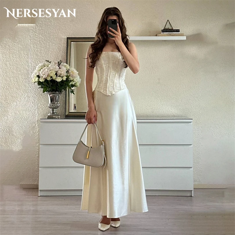 

Nersesyan Boho Mermaid Lace Evening Dresses Strapless Appliques Bodycon Formal Gowns Satin Maxi Party Occasion Dress Customized