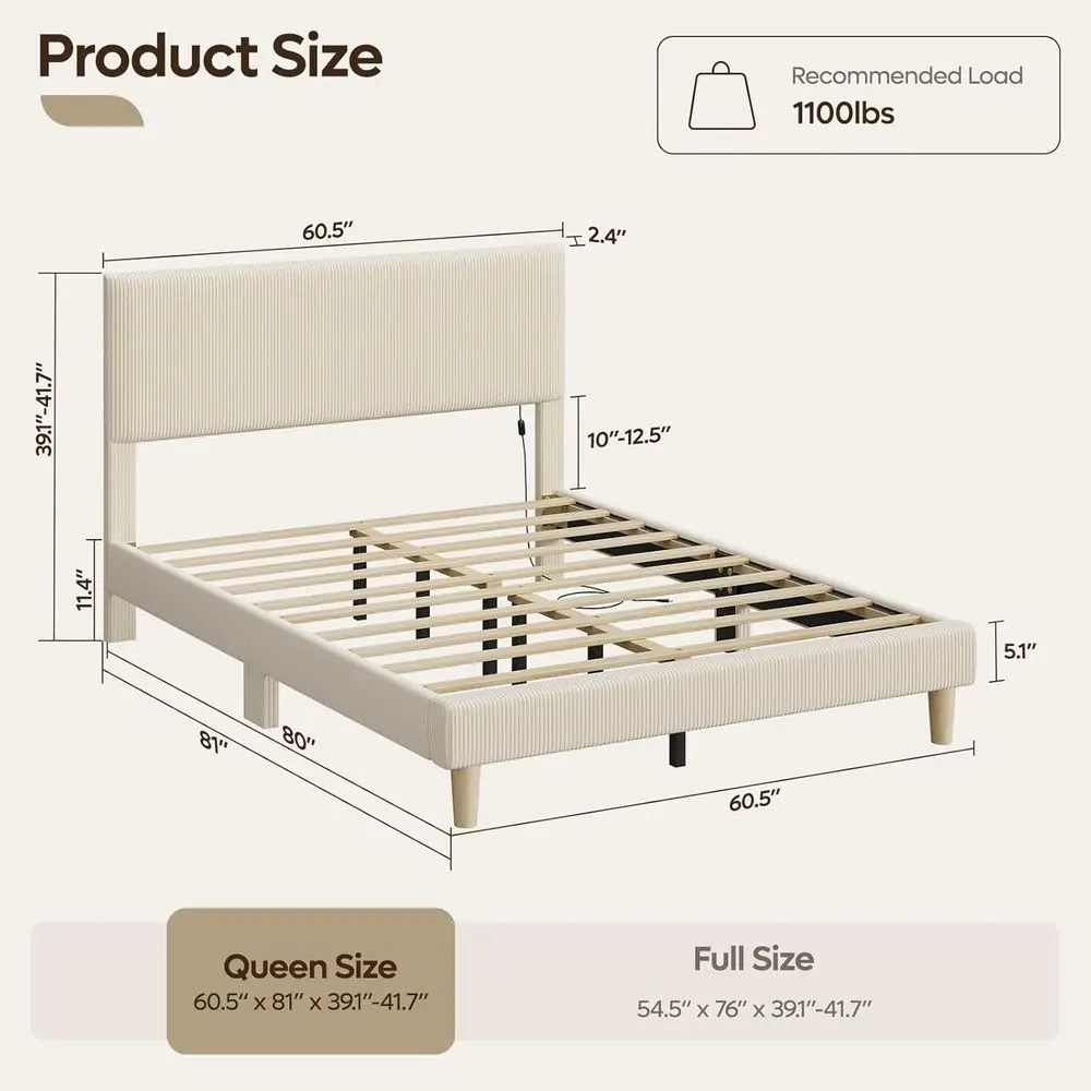 Rama łóżka z regulowanym zagłówkiem DAFIFY z oświetleniem LED, pionowe pikowanie w paski, tapicerka z sztruksu, solidne drewniane listwy, bez skrzyni.