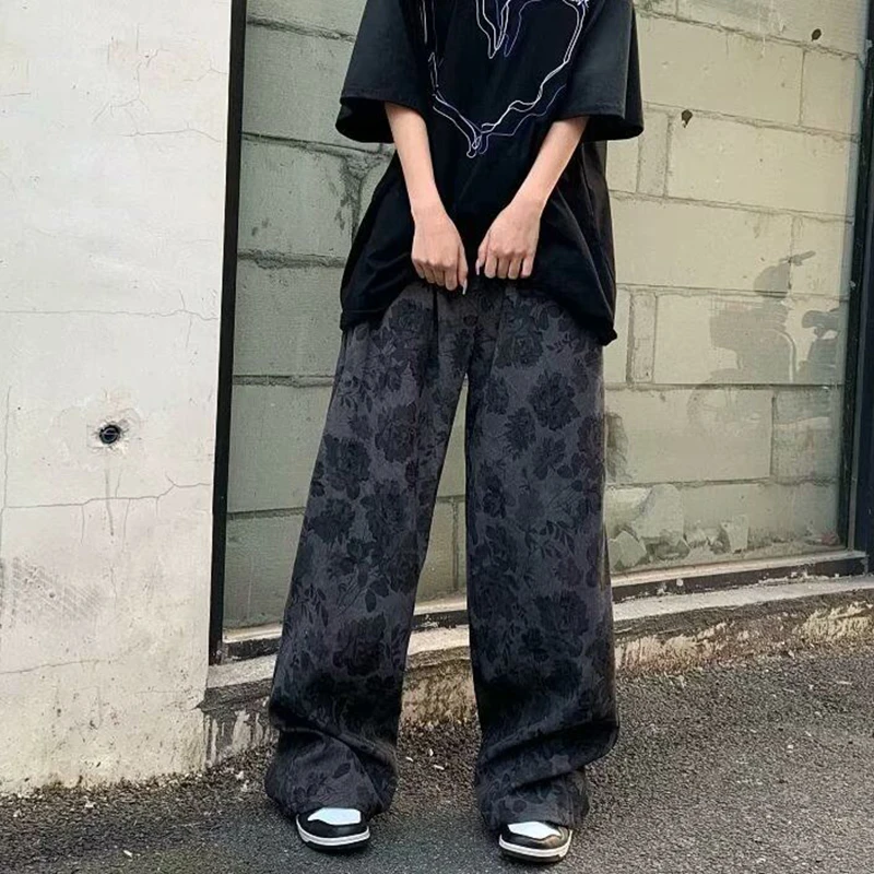 스트리트웨어 코듀로이 여성 바지 빈티지 플로럴 루즈 캐주얼 하이웨이스트 트라우저 가을 힙합 핫티 스트레이트 와이드 레그 팬츠