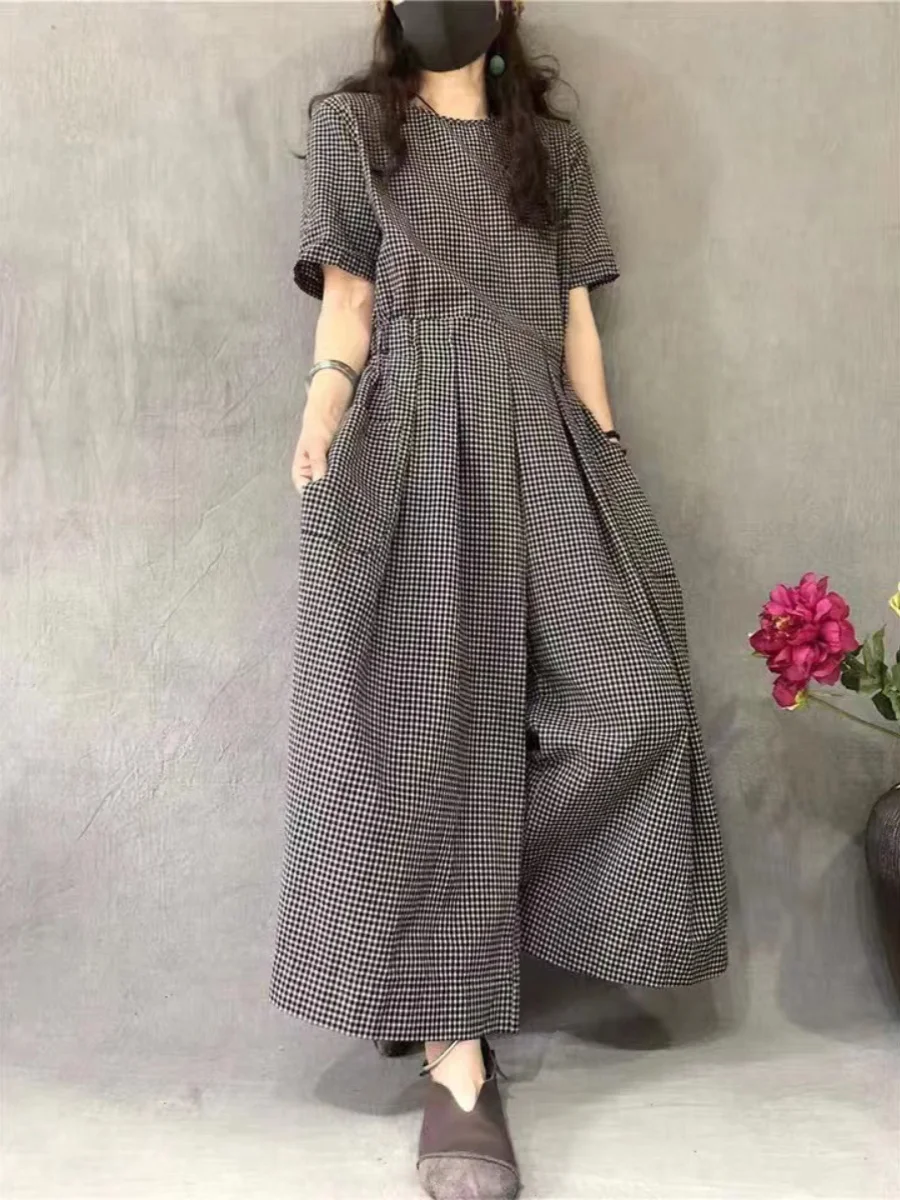 Summer Faion Pleated Plaid ort Sve Rer Wide Leg Pants Casual round Ne High Waist Straight Cut Women's plus Size