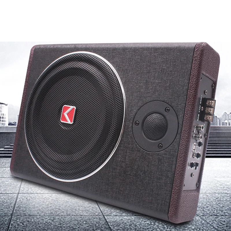 8 Inch 12V Wood Texture Active Subwoofer – 600W Slim Under Seat Car Audio Bass Speaker Subwoofers with Treble Support