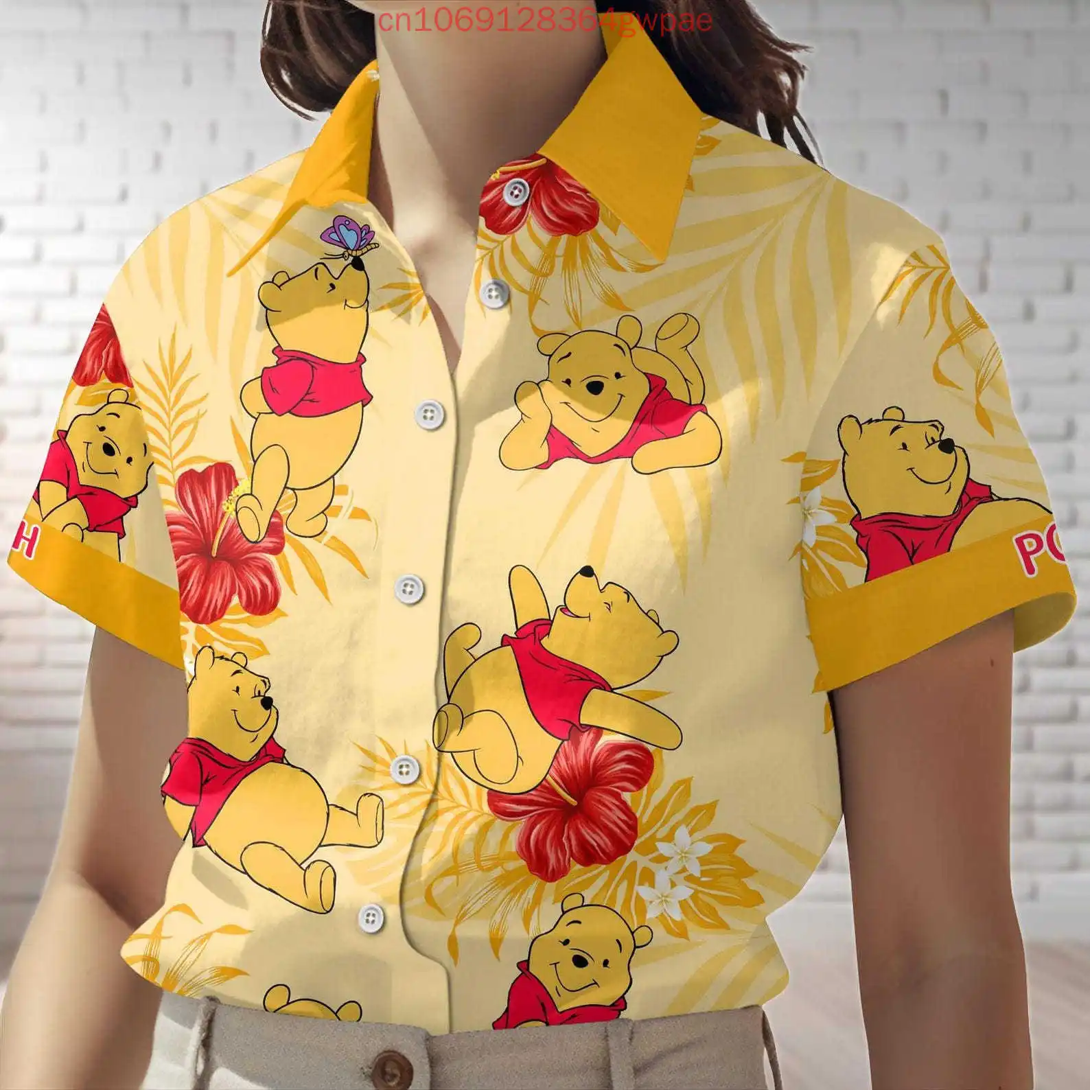 

Disney Winnie the Pooh Hawaiian Shirt Women's Short Sleeve Button Shirt Summer Casual Beach Vacation Sun Protection Shirt