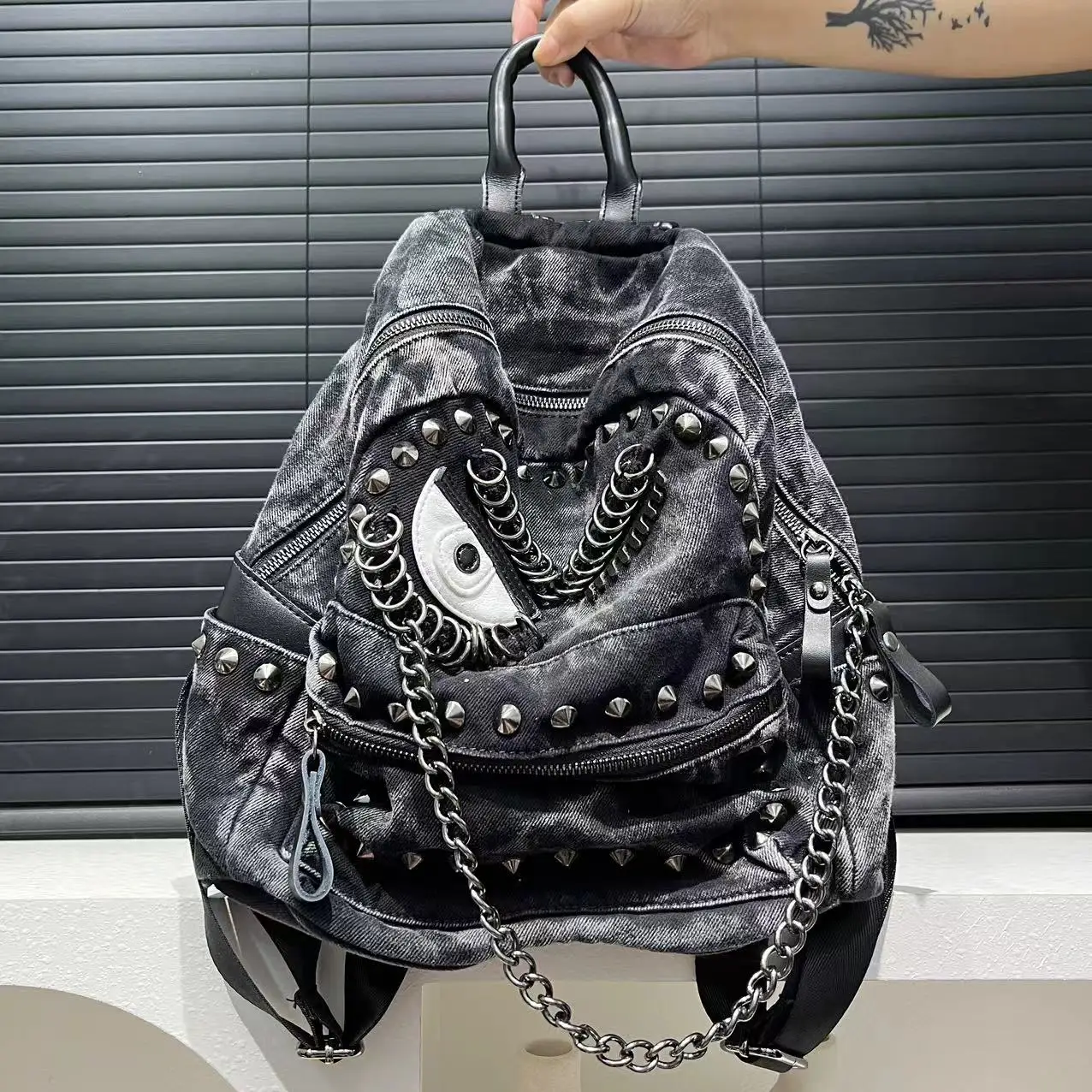 Women\'s Fashion Steampunk Denim Backpack Large Capacity Rivet Chain Shoulder Handbag