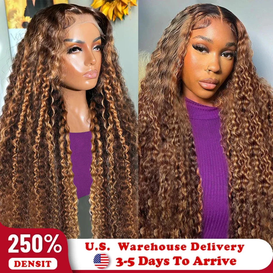 250 Density 30 Inch Highlight Honey Brown Curly HD Lace Front Human Hair Wigs 13x4 13x6 Ombre Color Deep Water Wave Frontal Wigs