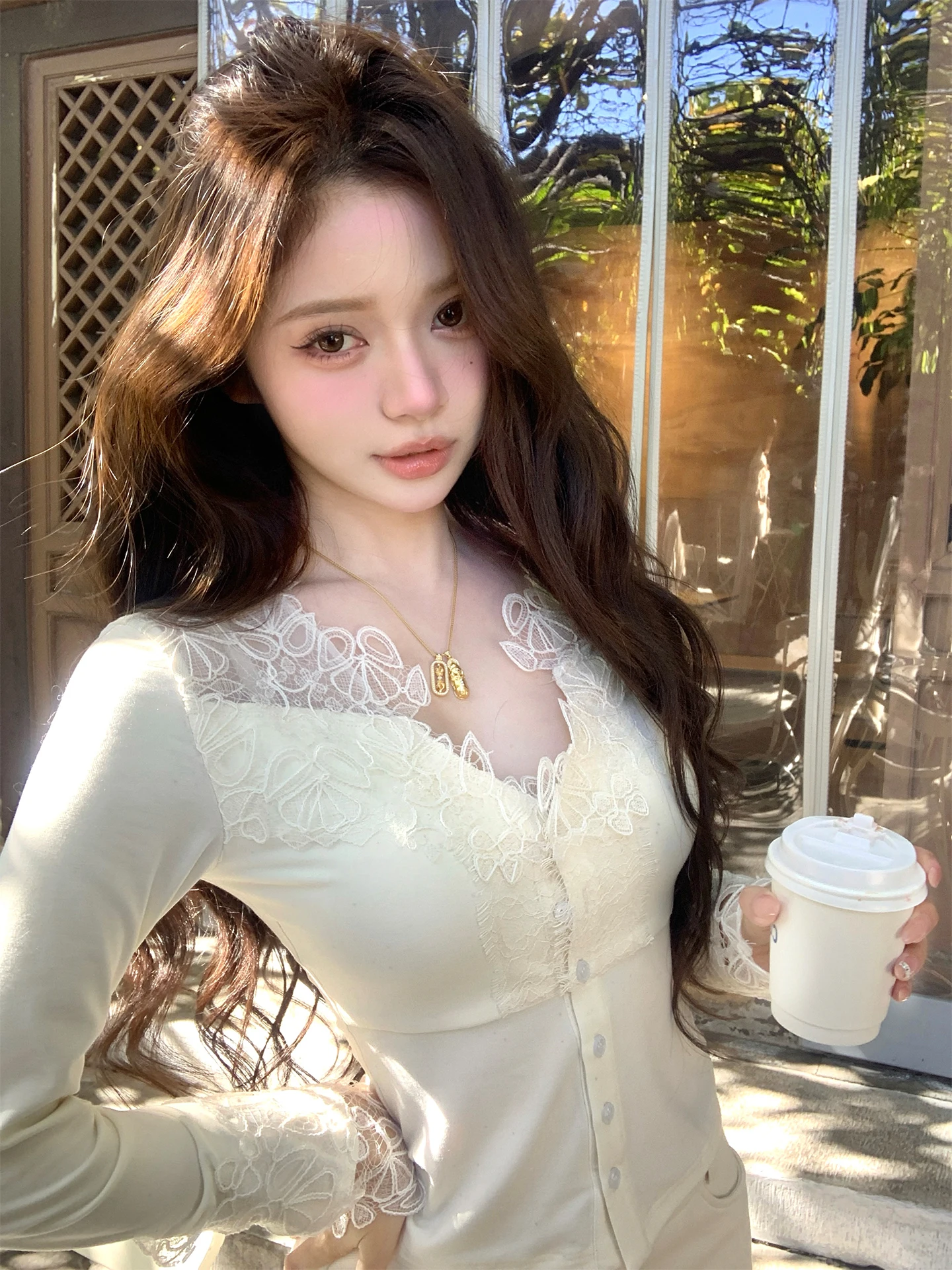 

Chen Jin Heareat Signal Fragile Sensual Sister Sle Heavy Embroidery Lace Pure Desire Splice Base irt Women's T-irt