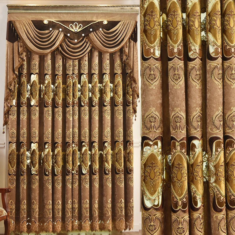 

Custom curtain luxury European villa hollow chenille embroidery thick coffee cloth blackout curtain tulle valance drape C1009