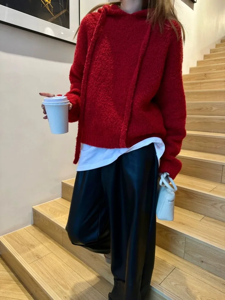 

HOUZHOU Casual Women Red Hooded Sweaters Vintage Harajuku Korean Style Knitted Pullovers Y2k Loose Fleece Warm Winter Sweaters