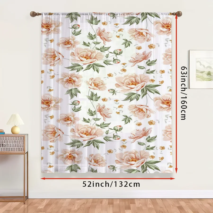 1PC Sheer Curtain Pink Peony Vintage Floral Repeat Print, Rod Pocket Window Curtain for Living Room Elegant Decor