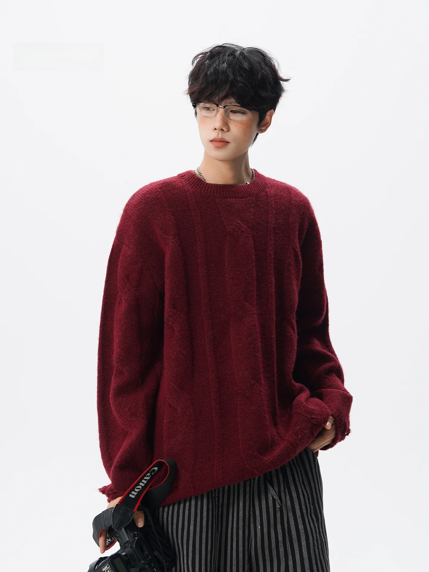 

Красный круглый вязаный свитер из шерсти с узором косы для мужчин, осенне-зимний, повседневный, для дома и отдыха