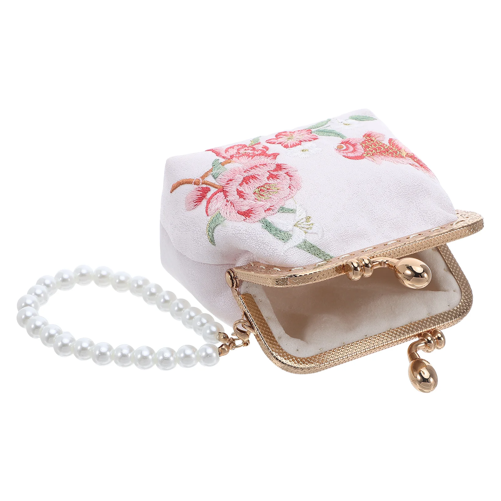 Embroidered Purse Double Clasp Closure Mini Wallet Floral Makeup Pouch Pearl Trim Compact Change Purse Cute Coin Pouch