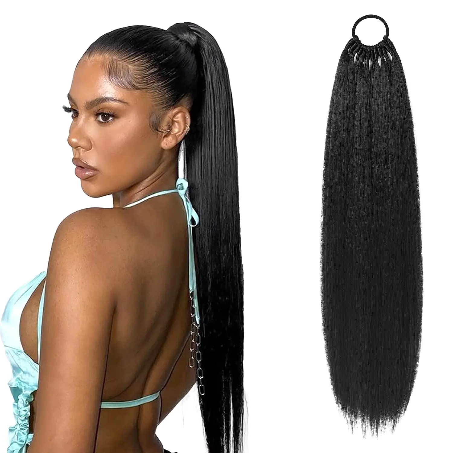 

Накладные пряди для хвоста, универсальные, на резинке, коричневые, для женщин, 32/34 дюйма, длинные, прямые, мягкие, из натурального синтетического волокна