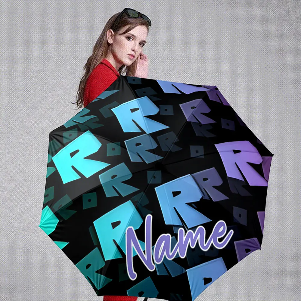 Custom Name Umbrella Gradient Letter R Monogram in Blue Purple 8 Iron Ribs Folding Umbrella Auto-Open Fashion Sunshade