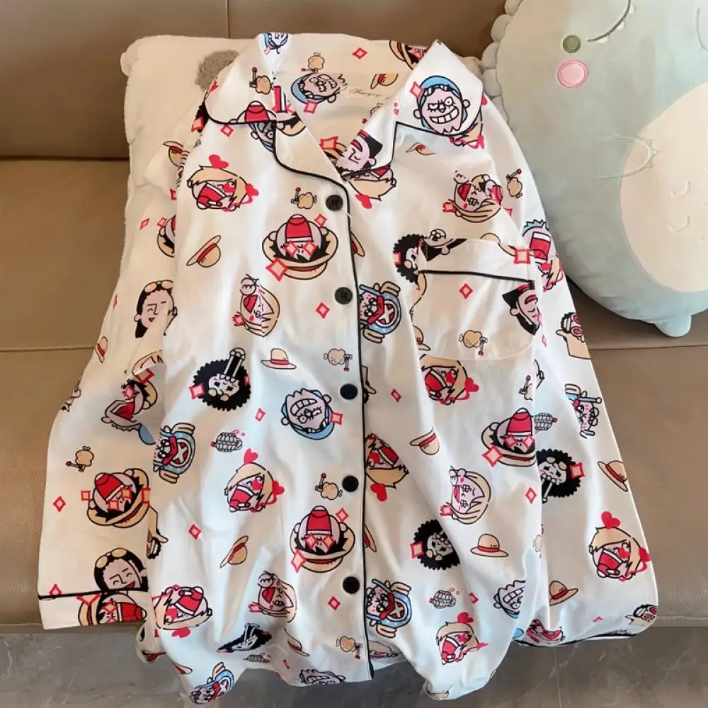 One Piece Luffy Cotton Cardigan Cute Pajamas Soft and Skin Friendly Spring Autumn Sleepwear Set Man Women Home Anime Clothes