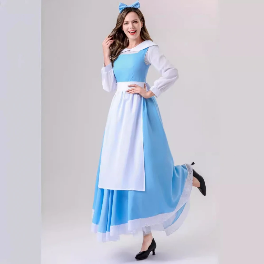 Fsia de Maid Azul Cosplay Princesa Belle Vestido Longo Fsia de loween Roupa Tradicional Chinesa para Mulheres