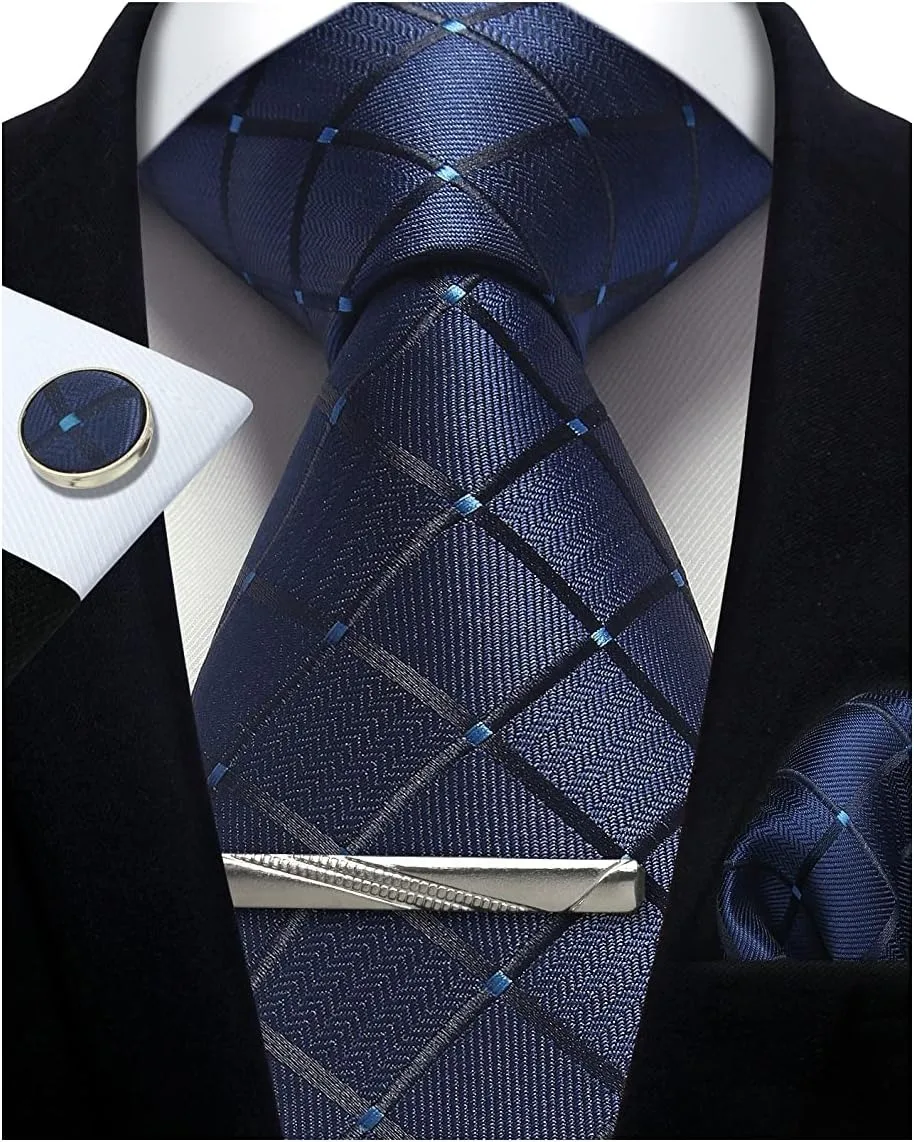 Cravatte classiche da uomo in seta 100% in confezione regalo 8 cm Plaid a pois a righe Cravatta da lavoro Fazzoletto Gemelli Set di cravatte per festa di nozze