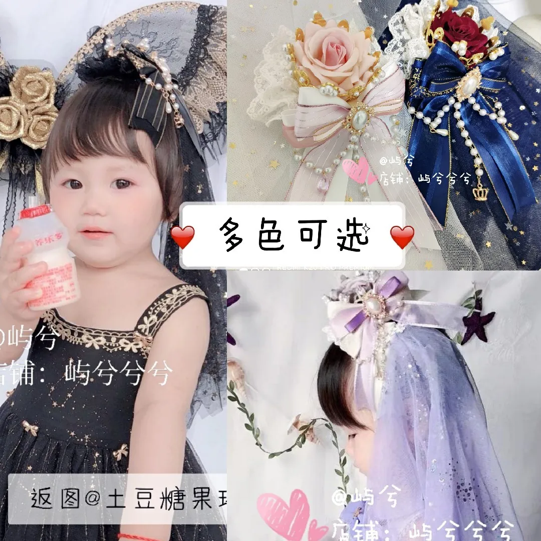 

Style Children's Headgear Lolita Crown Dress Princess Bow Hairpin Veil Cute Hair Accessories Rhinestone Hair Clips for Women