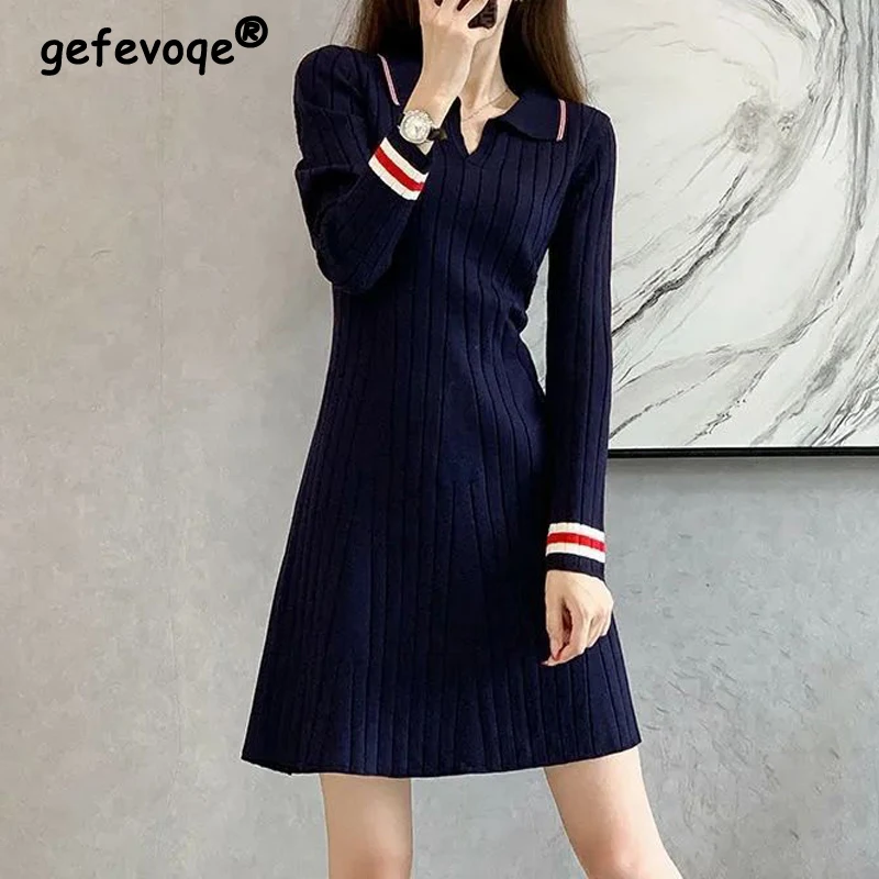 Korean Fashion Striped Patchwork Elegant Chic Knitted Dresses for Women Casual Polo Collar Long Sleeve Slim Mini Dress Vestidos