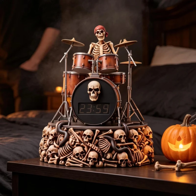 Halloween Skeleton Skull Alarm Clock with Drum Beat Speaker, Dimmable Screen, Bedroom Table Decorative Ornament Gift