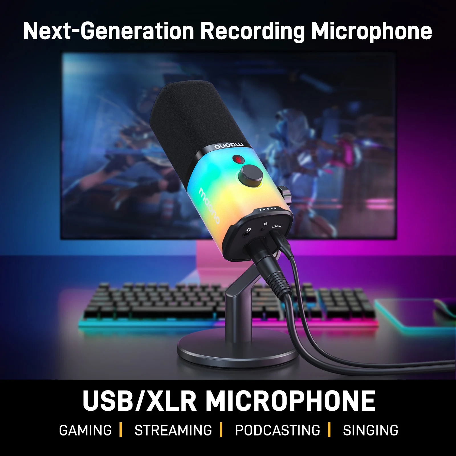 MAONO PD100X Gaming MIC,USB/XLR Dynamic Microphone with Noise Reduction,Mute,Headphone Jack,RGB MIC for Gamer Streaming Podcast