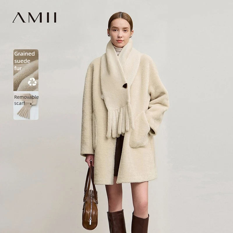 Amii Fur Coat Woman 2025 Winter New O-Neck Loose Medium And Long Tops With Scarf Warm Long Sleeve Elegant Fur Jacket 12554011