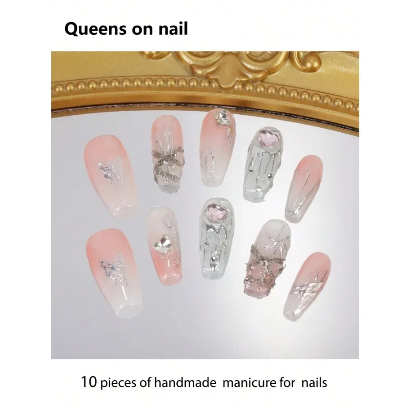 

10pcs Handmade press on Nails Long Ballerina Shape Fake Nails/Smudge/Butterfly Love Shape DIY Manicure Charms