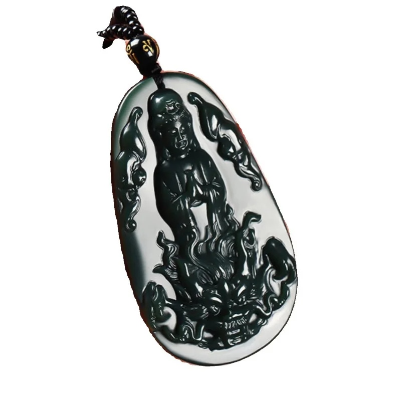 Natural Hotan Green Jadeite Yulong Guanyin Bodhisattva Pendant Men and Women Jade Necklace