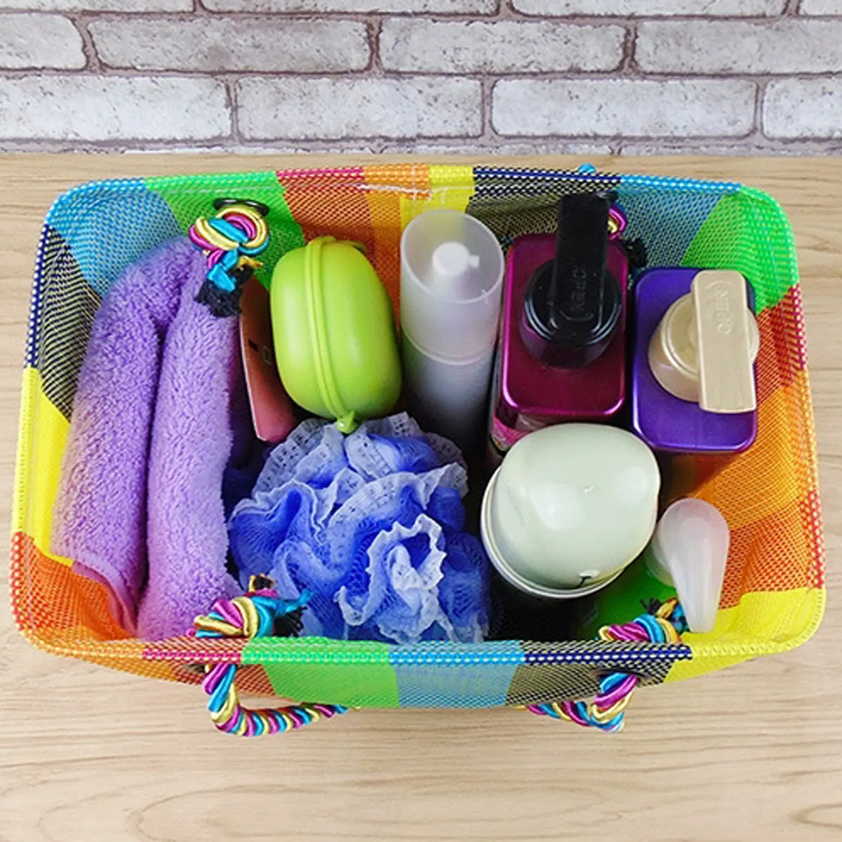 Rainbow woven mesh bath bag portable bath basket folding bath basket Fitness bath bag toiletry bag one package