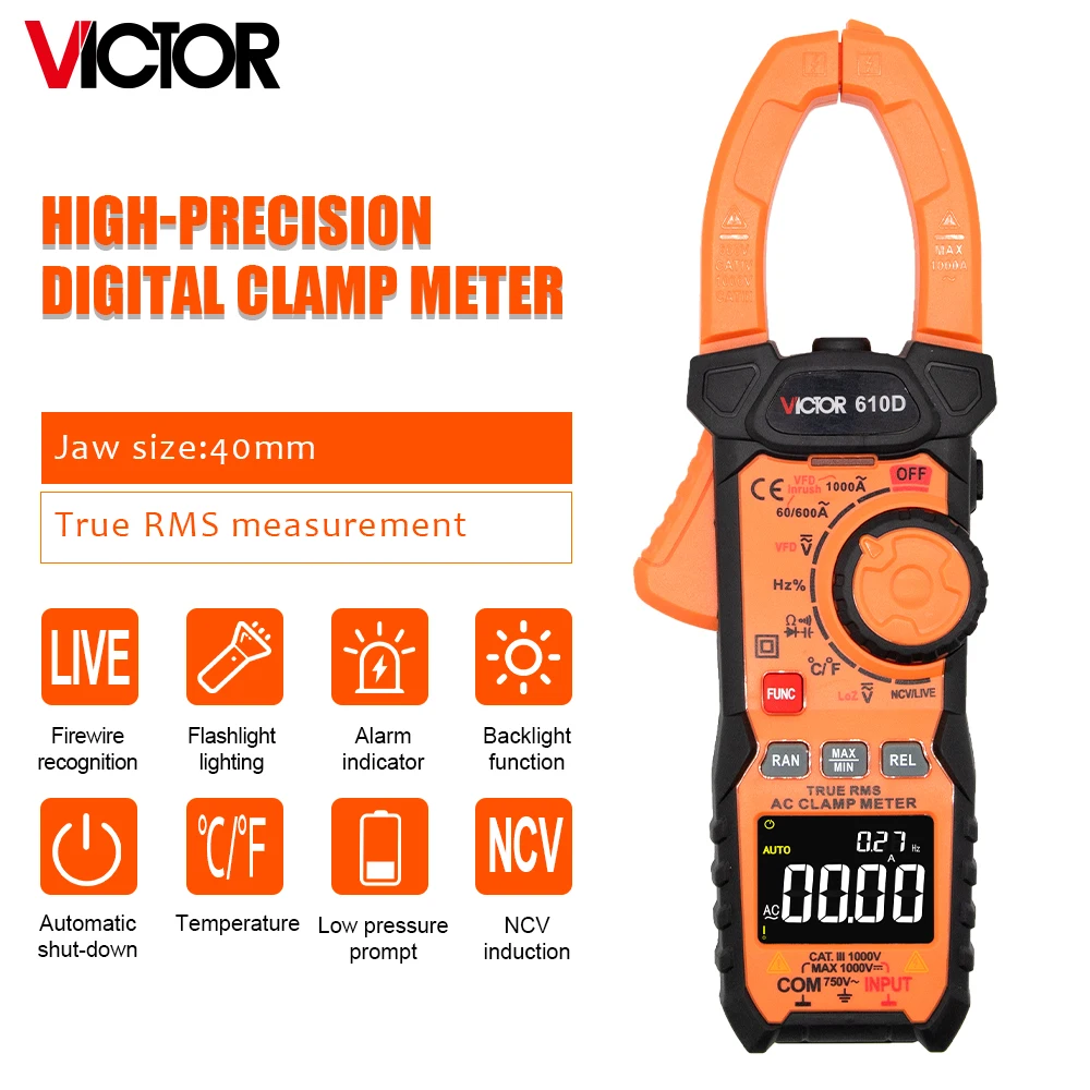 Victor Digital Clamp Multimeter AC/DC 1000V 1000A True RMS VFD Multimeter NCV Live Backlight Function 6000 Counts Display