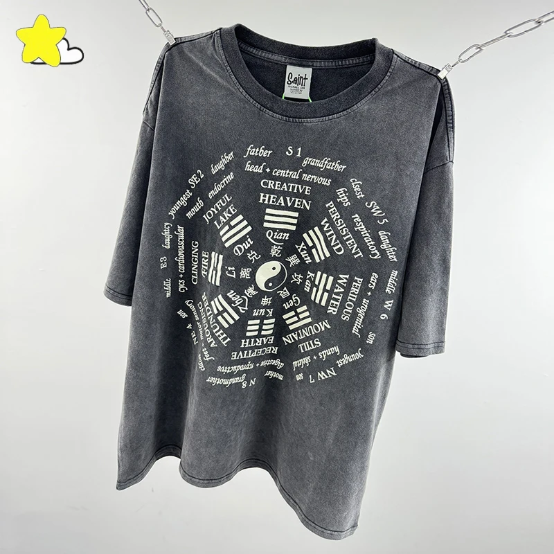 

25SS Compass Print Vintage Washed Black Saint T-Shirt Men Women Top Quality Cotton Oversized T Shirt Short Sleeve Tee