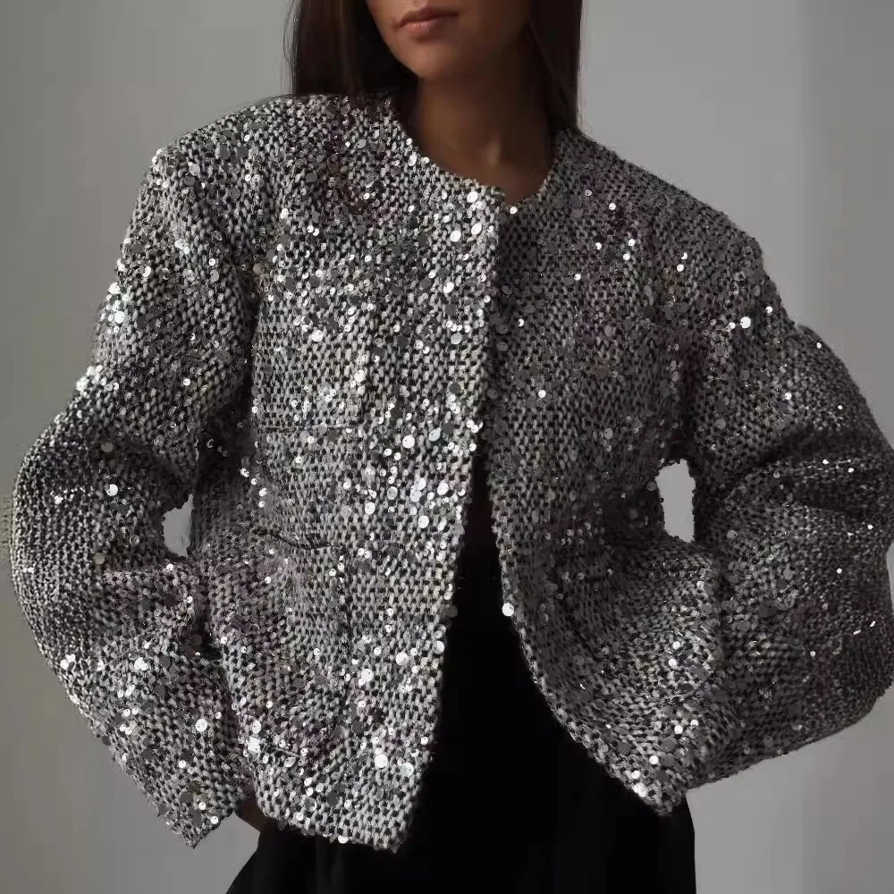 Women's Clothing Outerwears Women's 2026 Spring New Style Tweed Slub Sequined Jacket Women Female Clothing New In Coats & Jacket