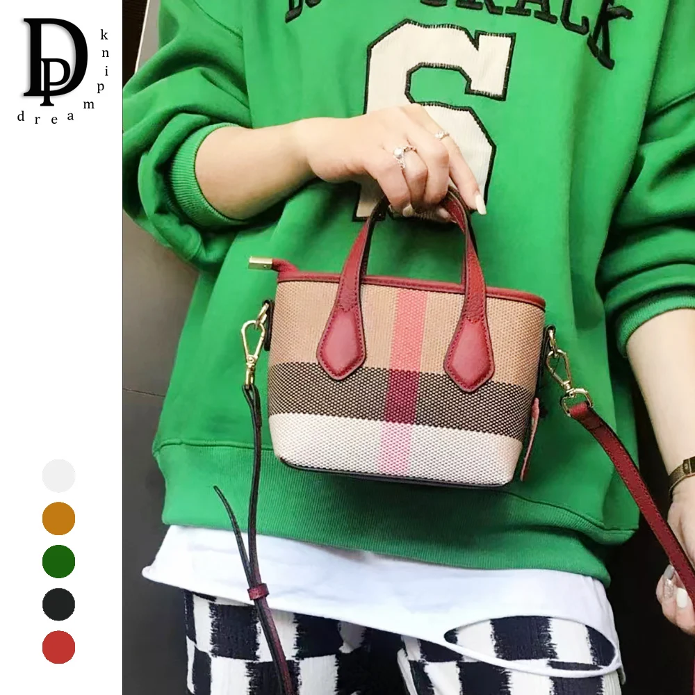 Luxury Small Women‘S Bag Plaid Stripes Canvas Genuine Leather Female Tote Purse Retro Versatile Top Handle Lady Bucket Handbags