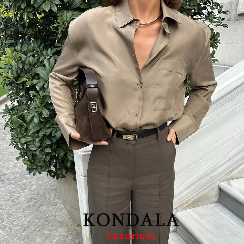 

KONDALA Office Lady Chic Brown Satin Women Shirts Long Sleeve Single Buttons Straight Silk Shirt Fashion 2025 Autumn Vintage Top
