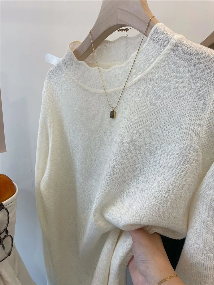 "Mode Langarm Dünne Reine Farbe Gestrickte Top frauen Spitze Trim Kragen Pendeln Stil Vielseitig Elegante Pullover ﻿ "