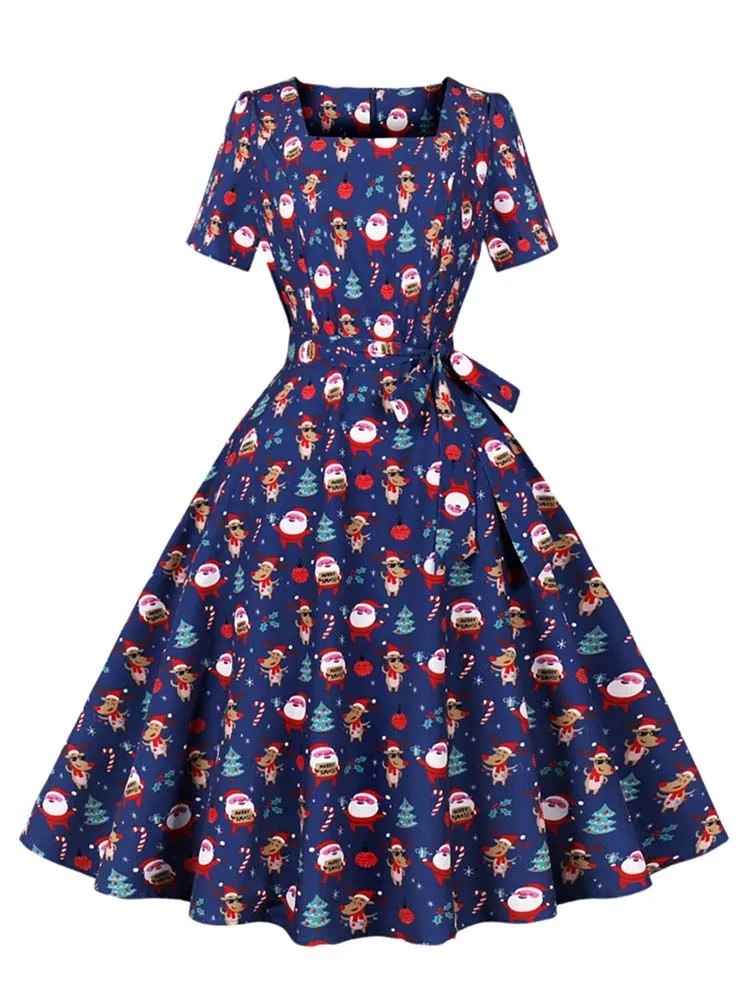 Christmas Party Dress Women Short Sleeve Print1950s Housewife Vintage Xmas Winter Prom Dress Robe