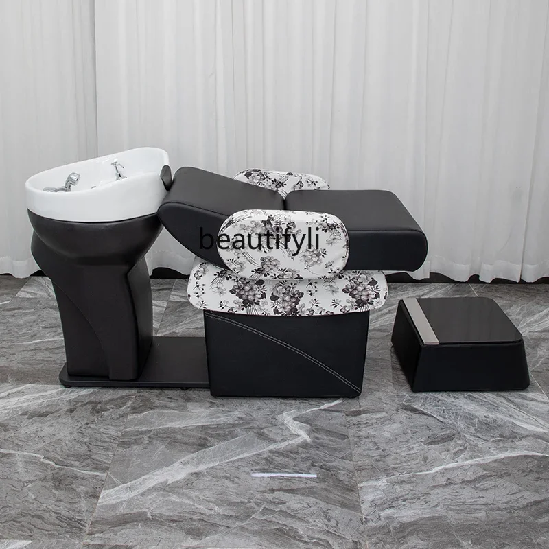 High-End Flushing Bed Barber Shop Shampoo Chair Silicone Pillow Hair Care Bed Stainless Steel Ceramic Basin