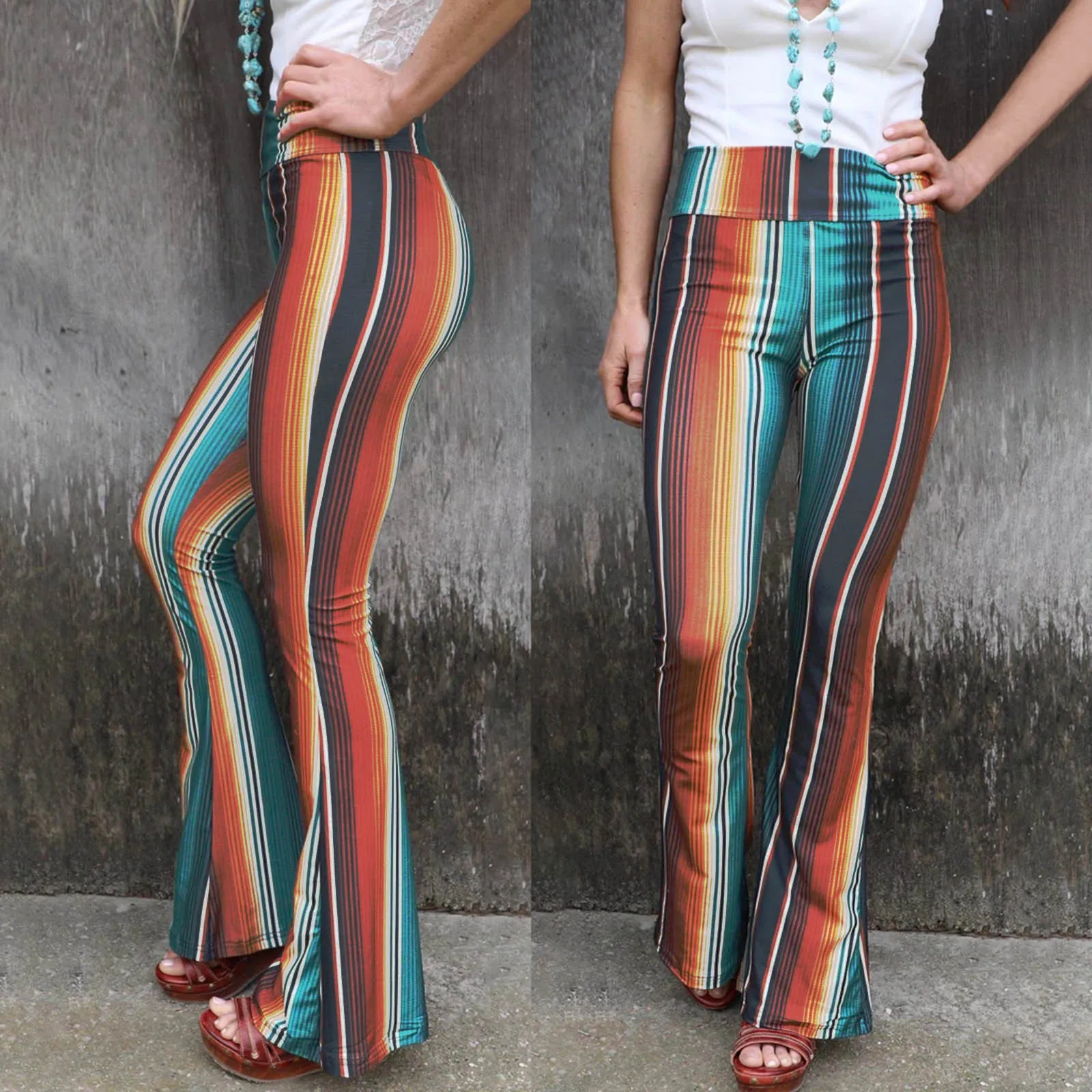 Fashion Colored Stripes Flared Pants Wide Waistband Abdomen Lifting Buttocks Slim Fit Trousers New European American Models Pant