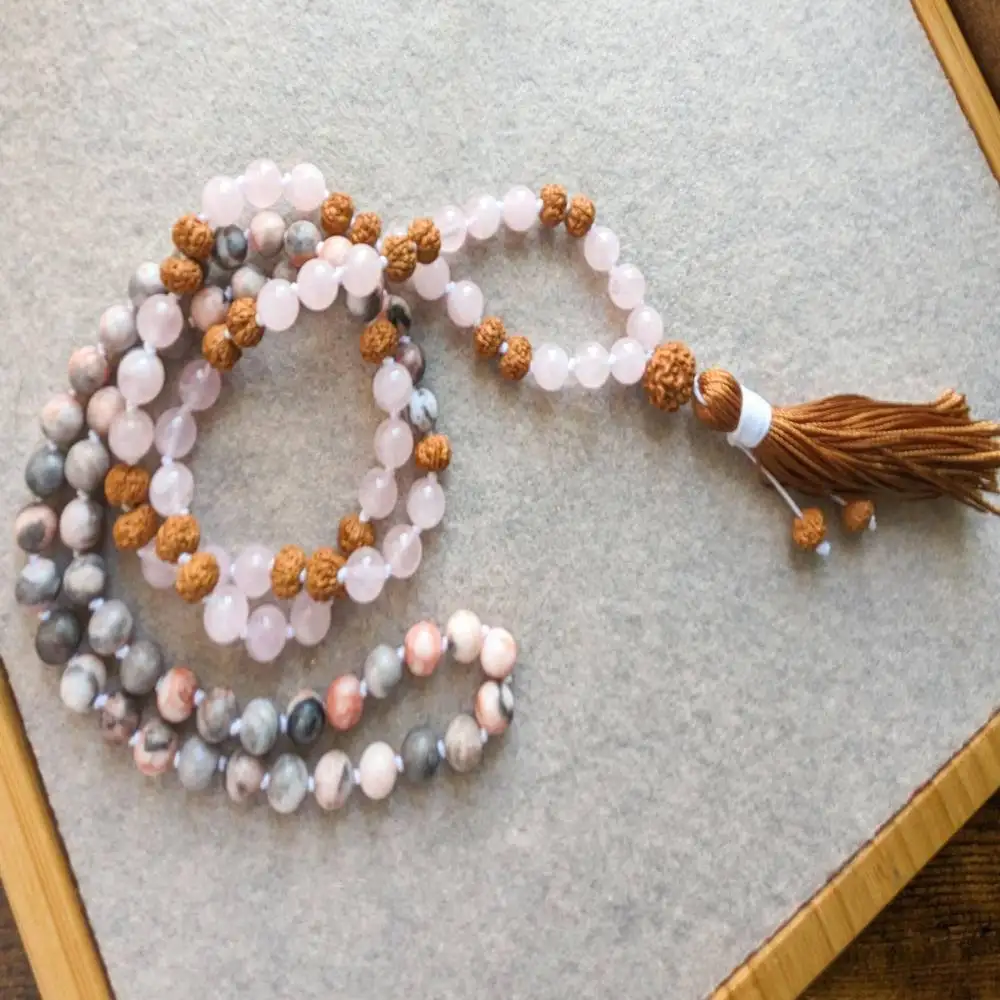 

Natural Rudraksha & Rose Quartz 108 Beads Mala Necklace with Brown Tassel Spiritual Jewelry
