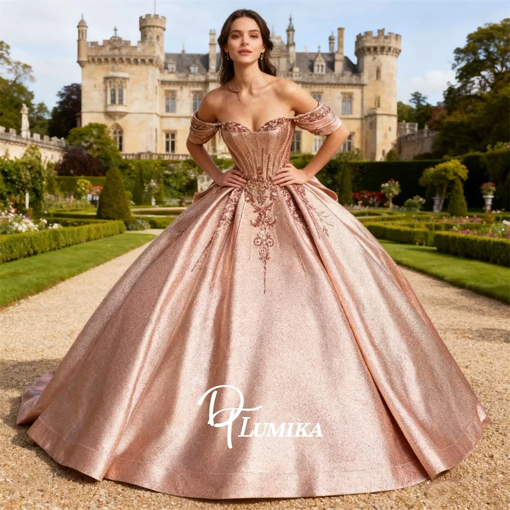 

Атласное женское платье Sweet 15, розовое золото с бисером и рукавами с открытыми плечами, классическое бальное платье длиной до пола с аппликацией