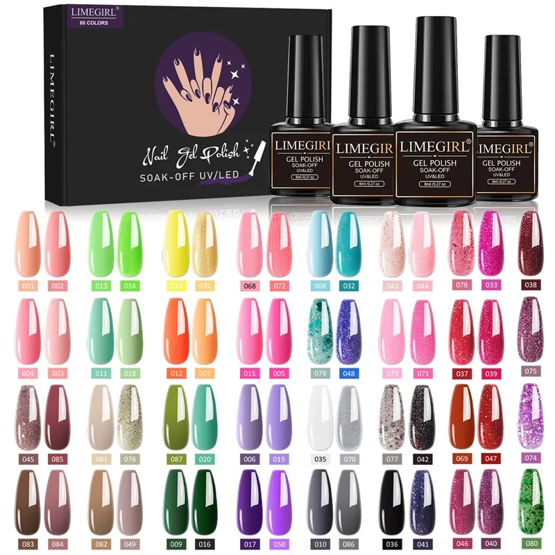 60pcs Nail Gel Set Colourful Semi-Permanent Soak Nail Art UV Gel Varnish Nail Tool Set for Home and Nail Salon Gift Box Set