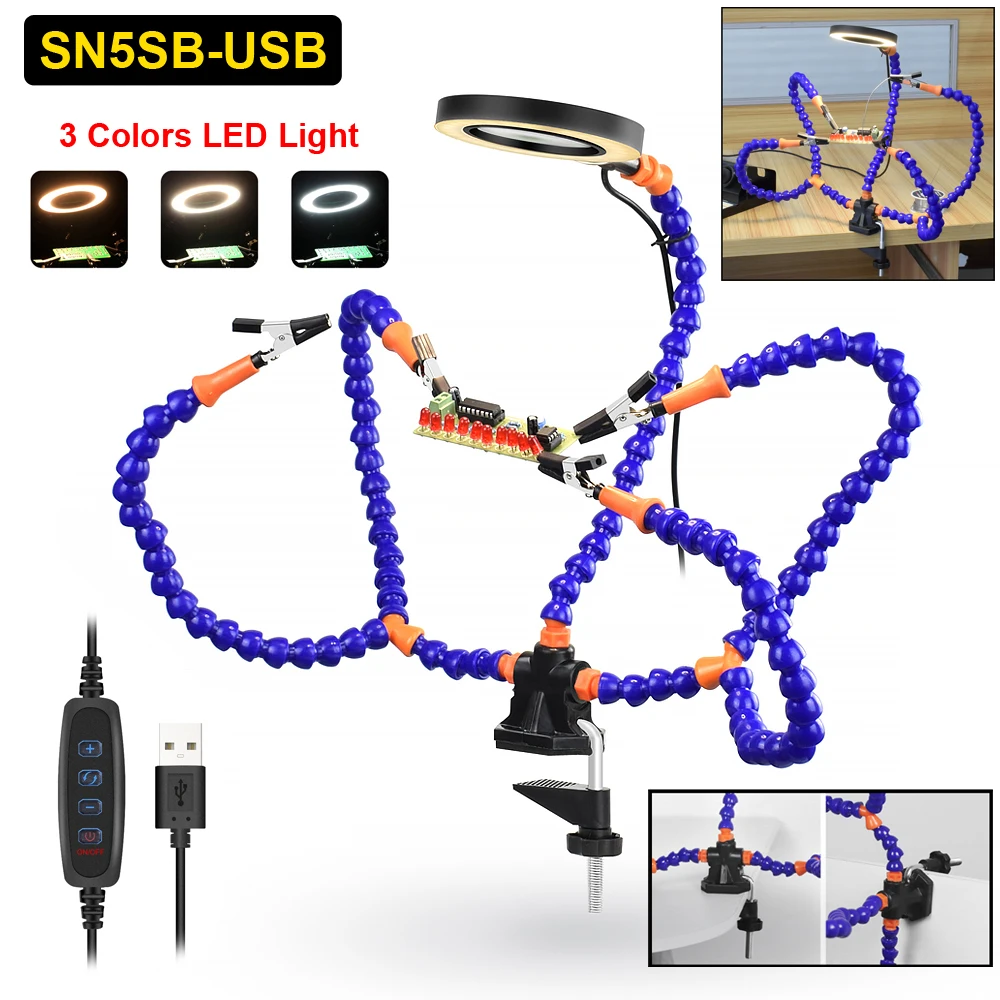 NEWACALOX 데스크 클립 PCB 납땜 홀더 3X 돋보기 LED 가벼운 용접 도움 손 유연한 암 납땜 세 번째 손 도구