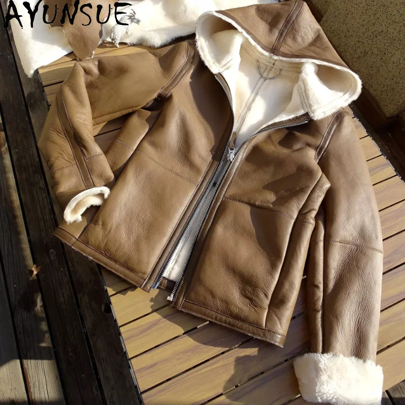 AYUNSUE Luxury Natural Fur Coat Man Hooded Winter 2026 High Quality Sheepskin Genuine Leather Jacket Men Clothing Warm Fur Coats